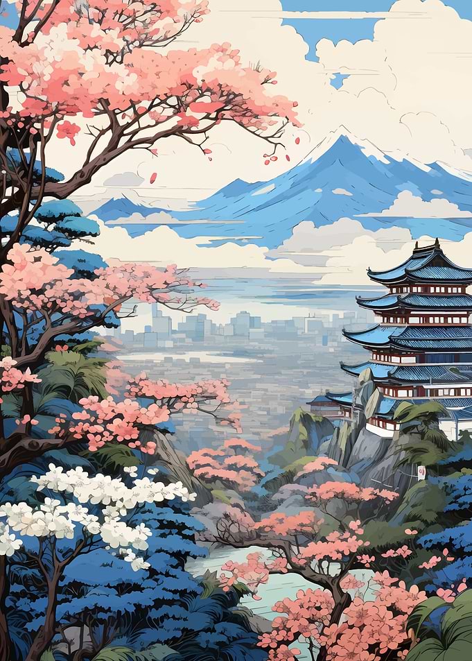 Japanese Landscape with Cherry Blossoms