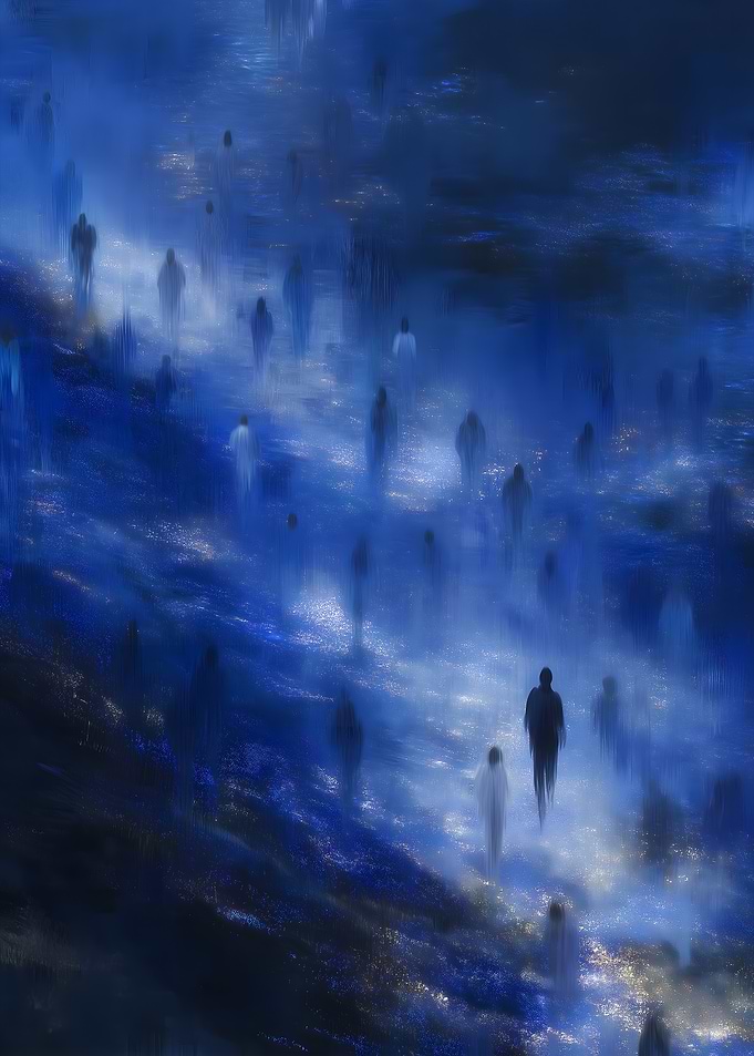 Ethereal Figures in Blue Landscape