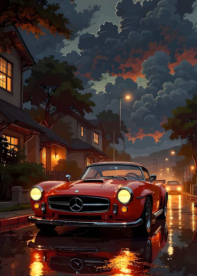 Red Mercedes on Wet Street at Dusk