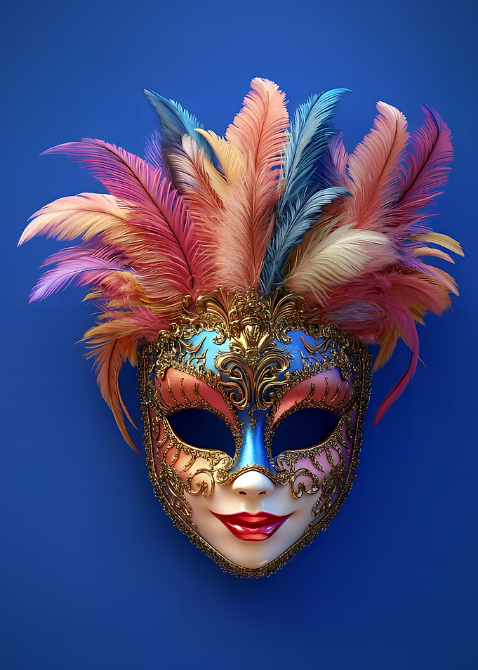 Ornate Feathered Carnival Mask on Blue
