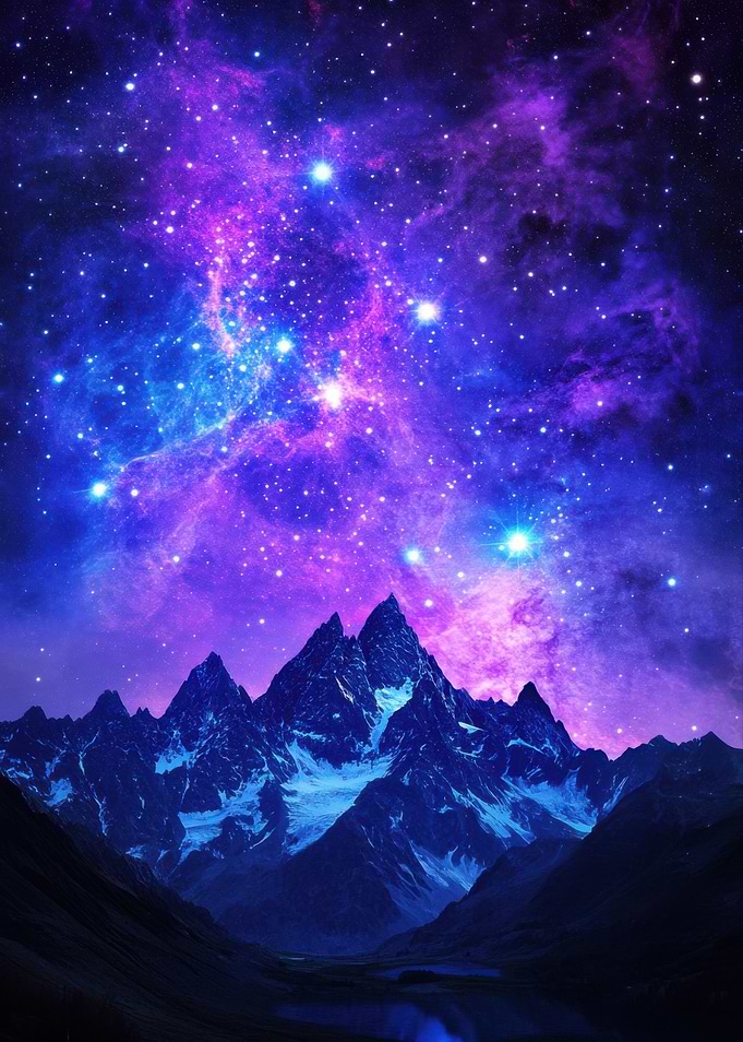 Mountains under a cosmic sky