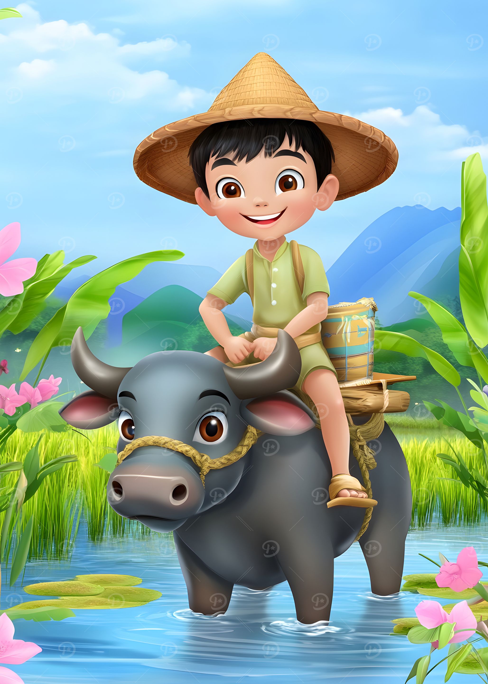 Boy riding a water buffalo cartoon