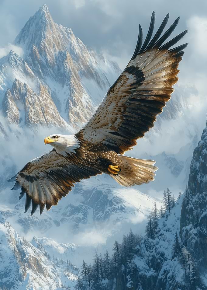 Bald Eagle Soaring Over Snowy Mountains