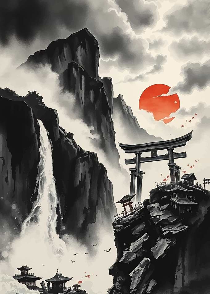 Japanese Landscape with Torii Gate and Waterfall
