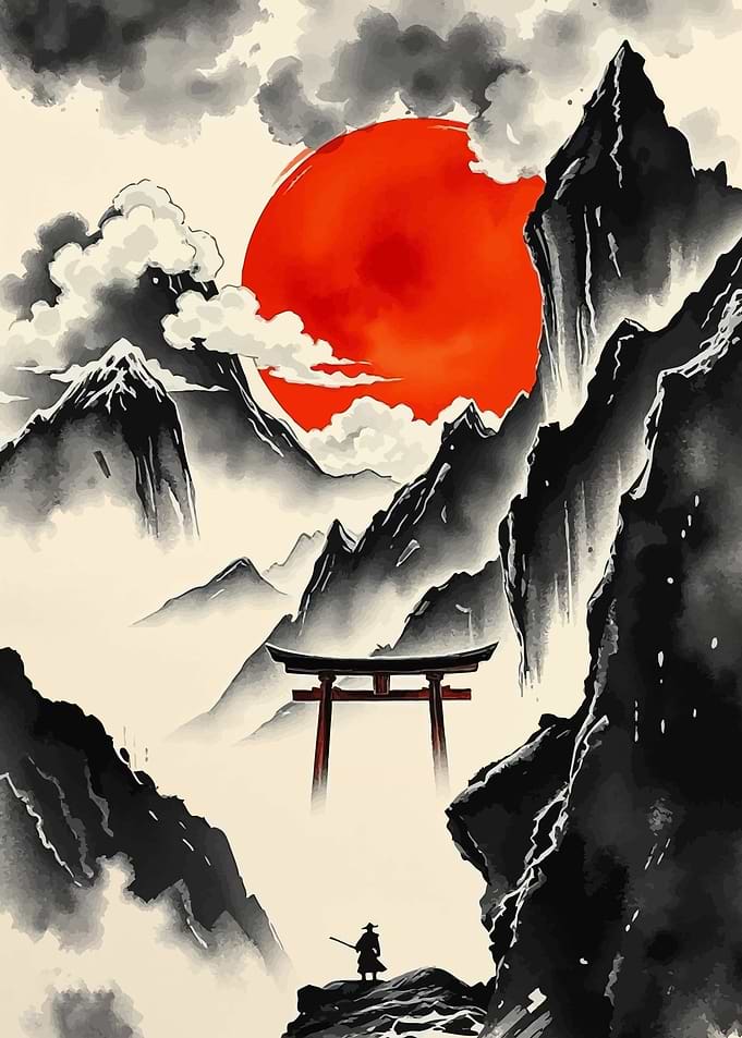Japanese Landscape with Torii Gate