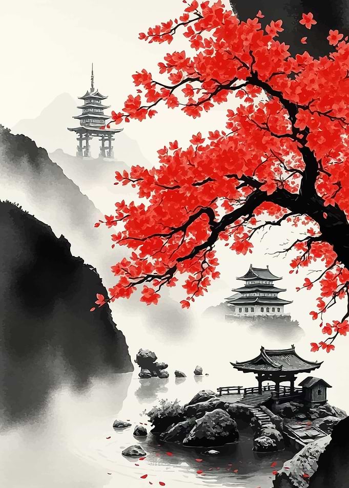 Japanese Landscape with Pagodas and Red Leaves