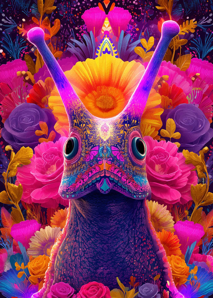 Psychedelic Snail in Floral Garden