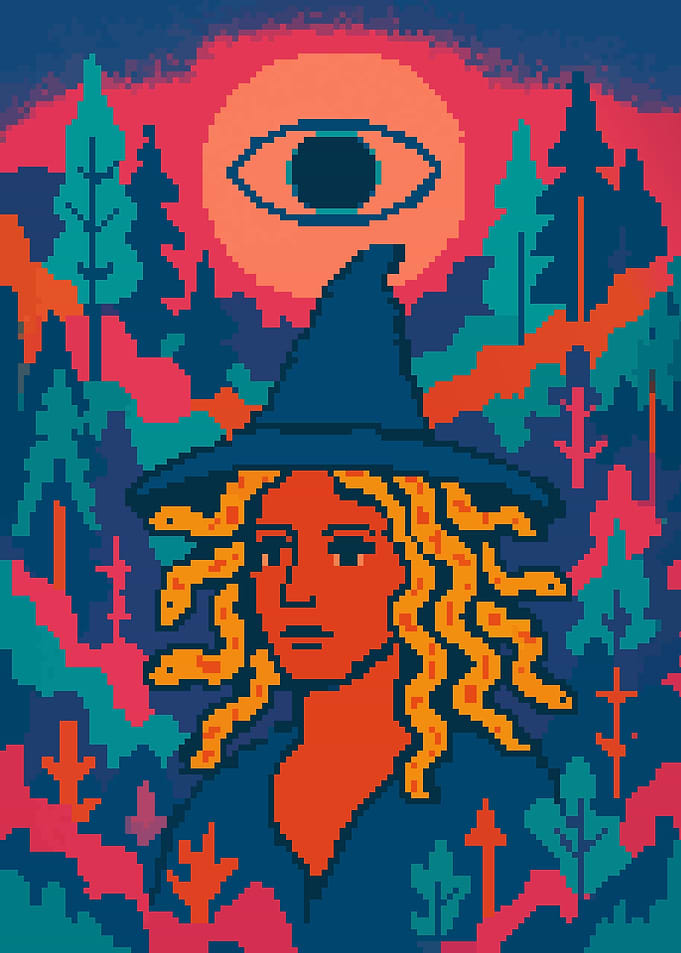 Pixel Art Witch in Retro Synth Forest