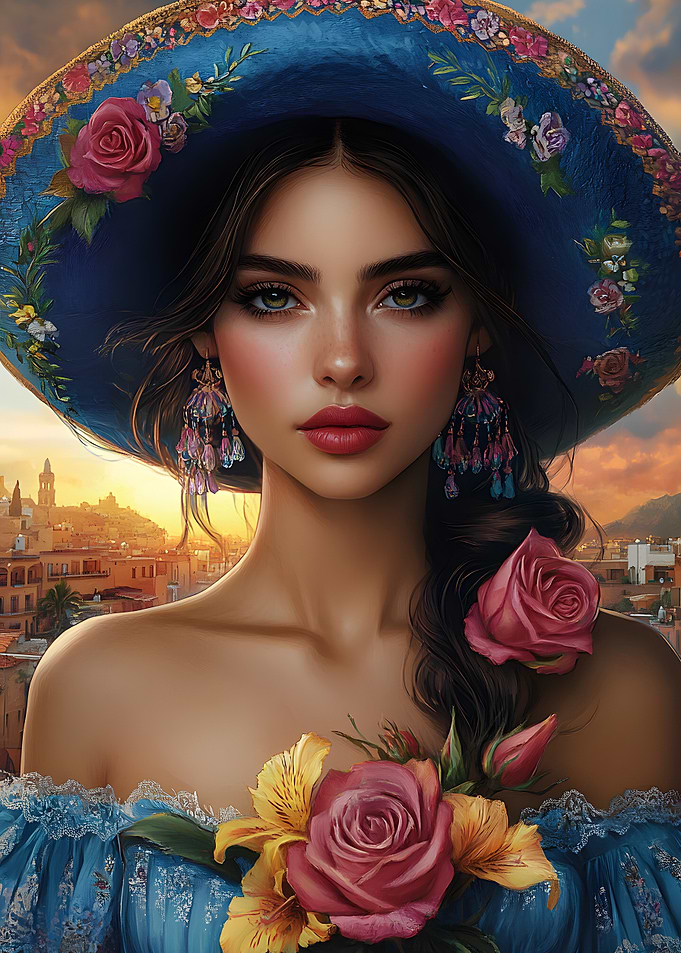 Woman with sombrero and floral dress