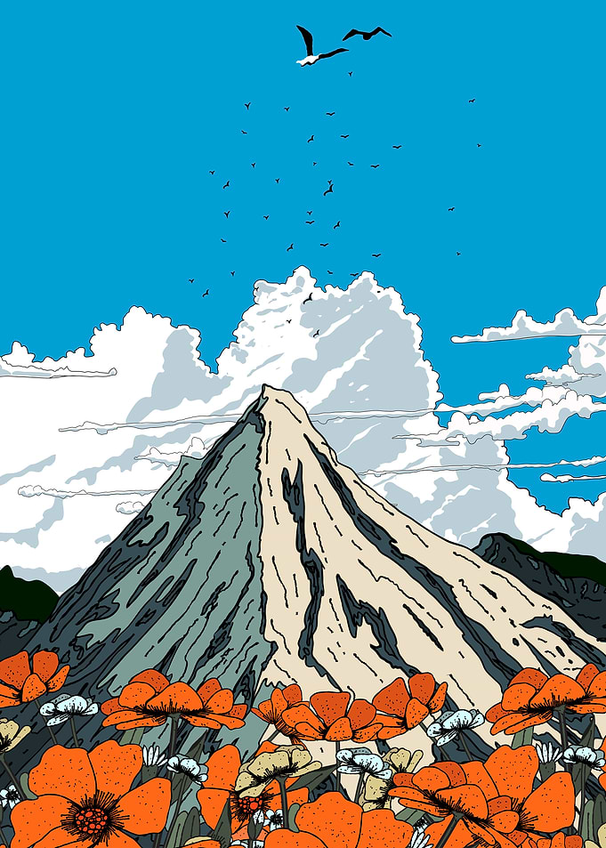 Mountain peak with flowers illustration