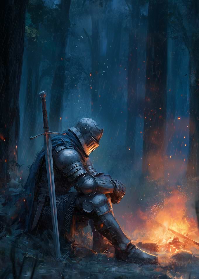 Knight by Campfire in Dark Forest