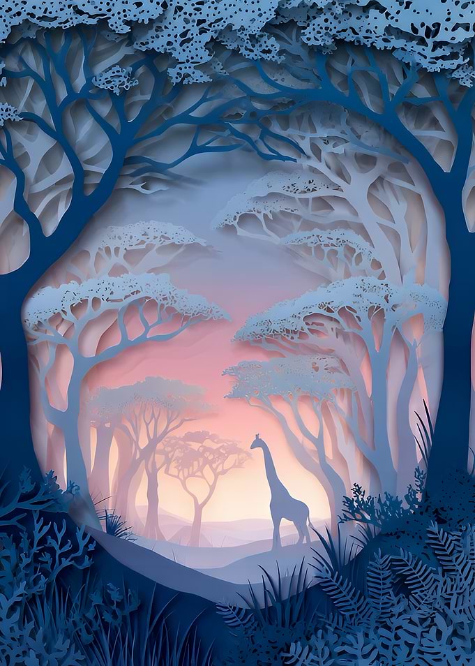 Giraffe in layered papercut forest