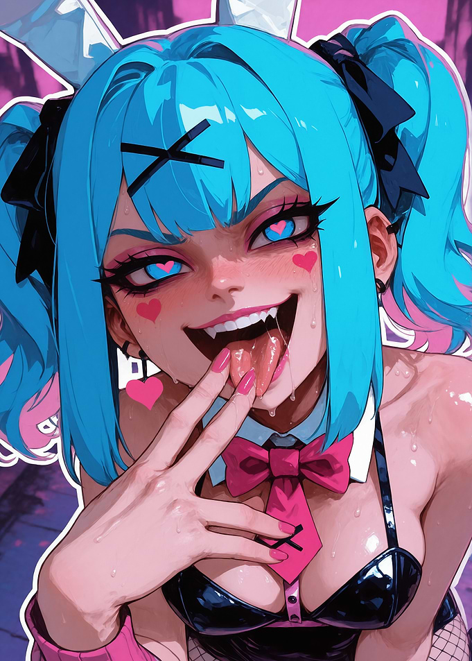 Crazy Blue-Haired Anime Bunny Girl with Heart Eyes