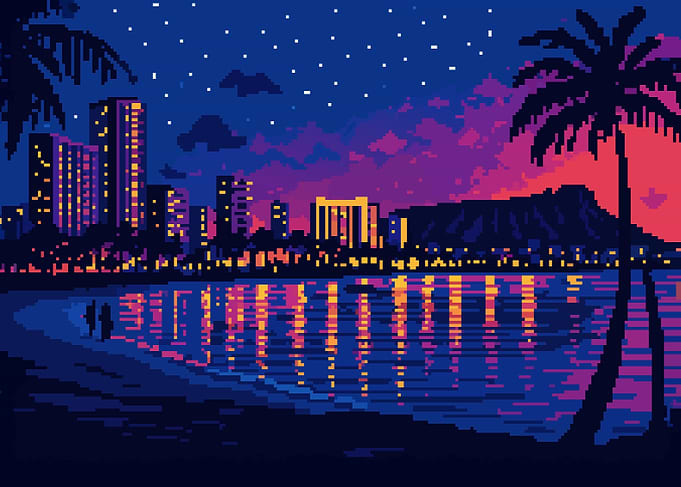 Pixel Art Hawaiian Waikiki Nightscape Retro Synth