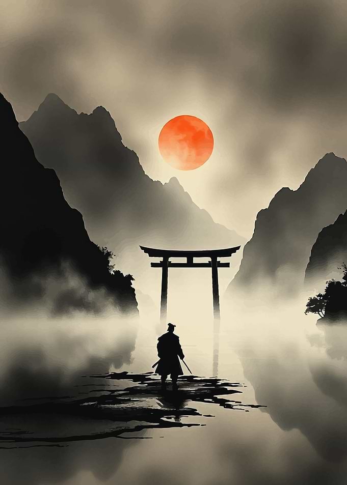 Samurai at Torii Gate with Rising Sun