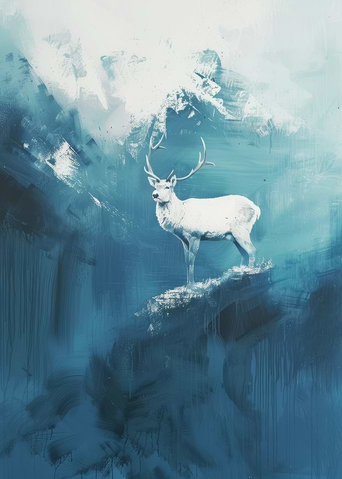 White Deer in Blue Abstract Landscape