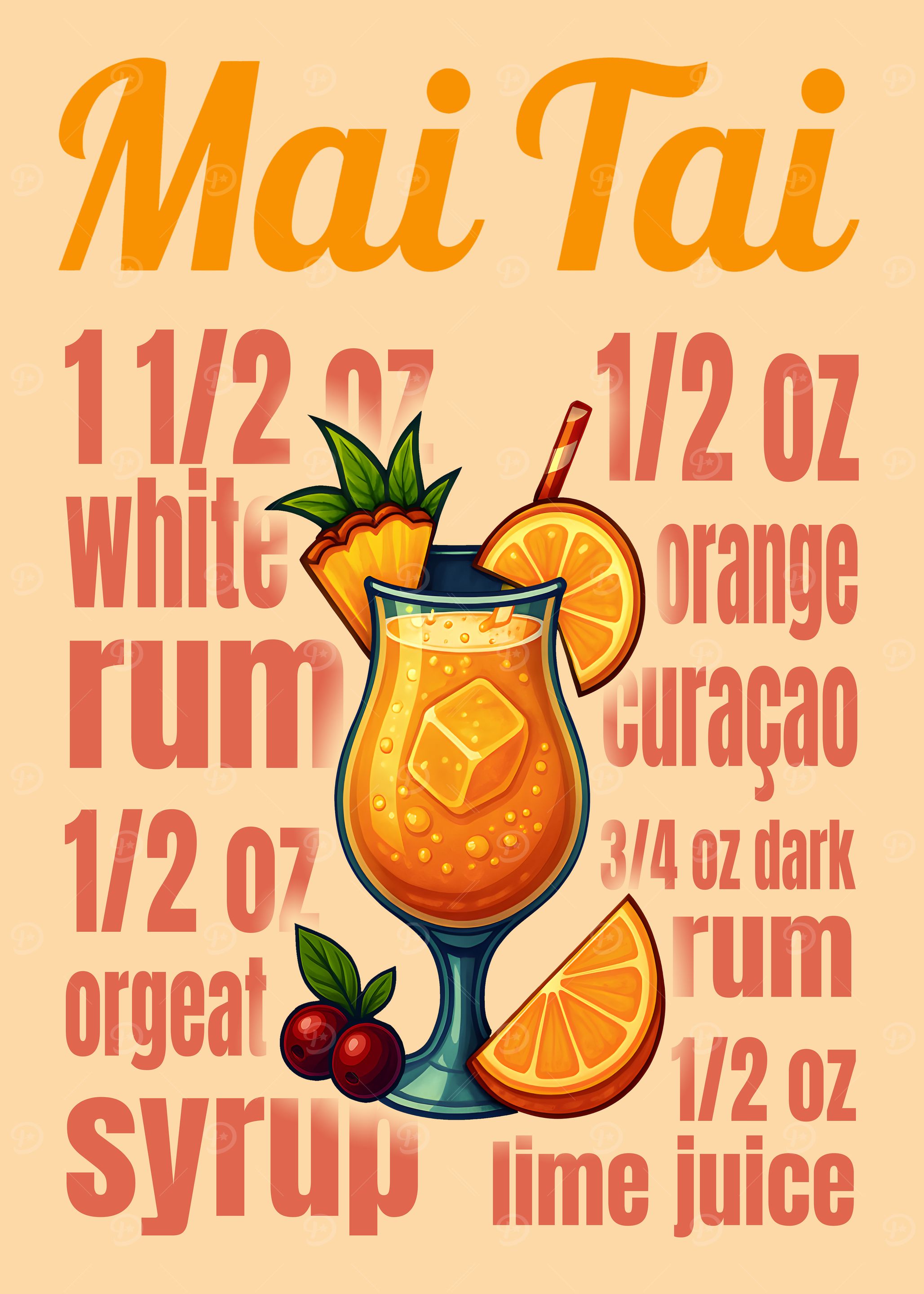 Mai Tai Cocktail Recipe Art Print – Tropical Bar Wall Decor, Tiki Drink Poster for Kitchen or Home Bar