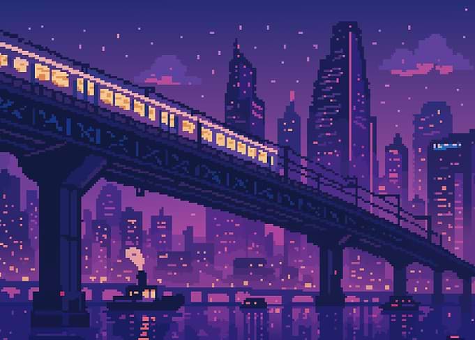 Retro Pixel Art Future Cyberpunk Cityscape with Train Scifi Theme