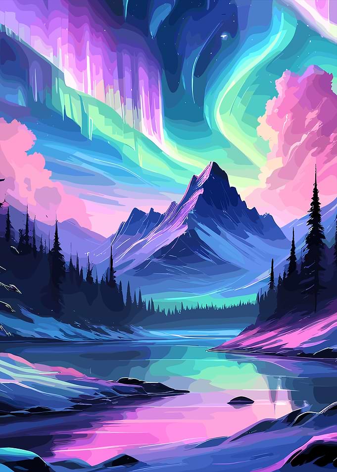 Aurora Borealis over Mountain Lake