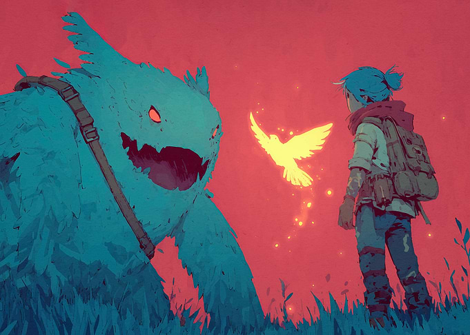 Girl Monster Glowing Bird
