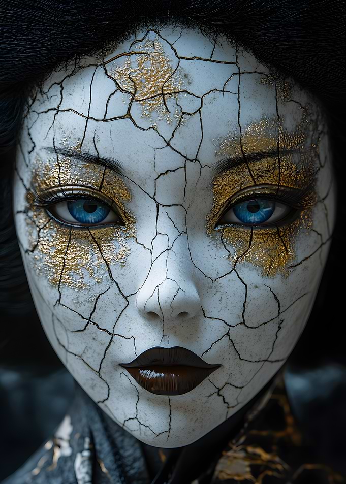 Cracked Doll Face with Gold Accents