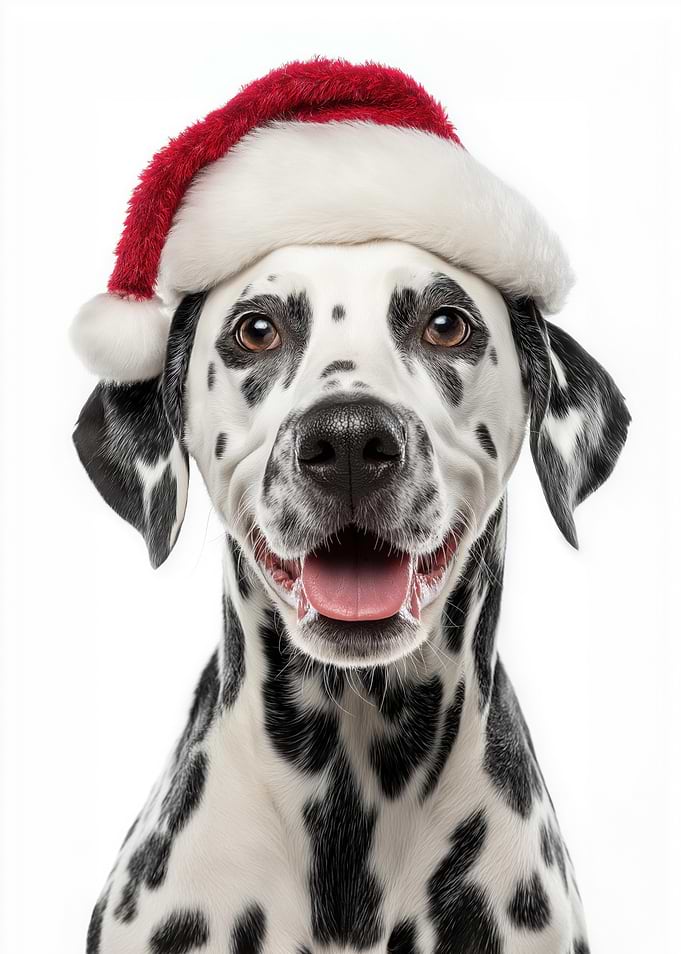 Dalmatian dog wearing a Santa hat