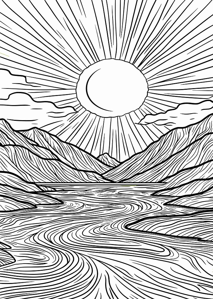 Monochrome Mountain Landscape with River and Sun