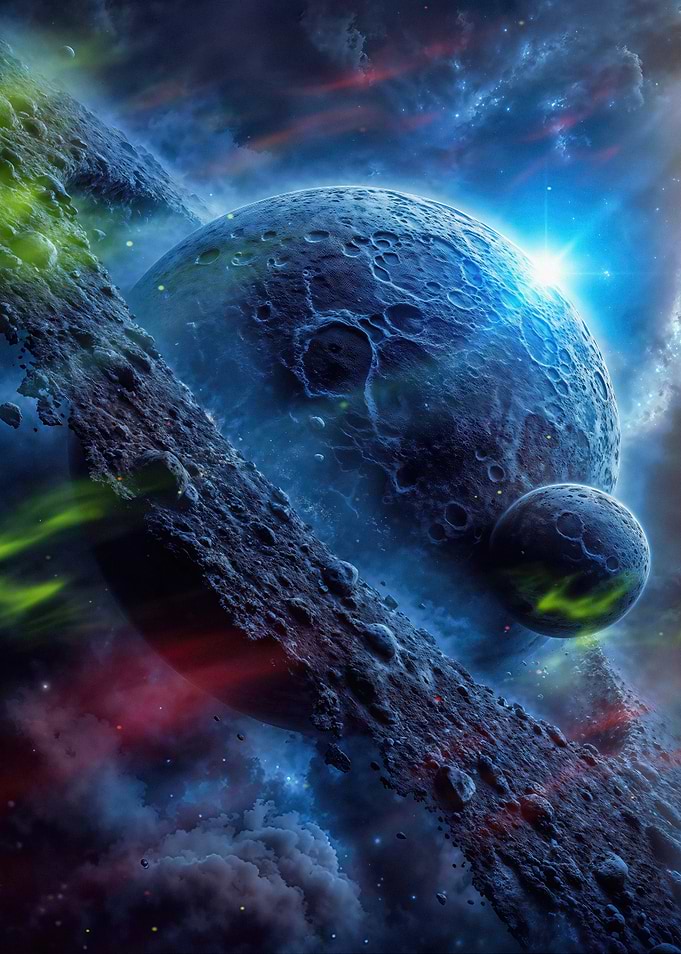 Cosmic Planet with Ring and Moon