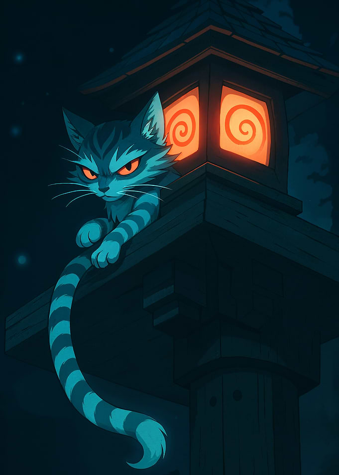 Striped Cat on Lantern at Night