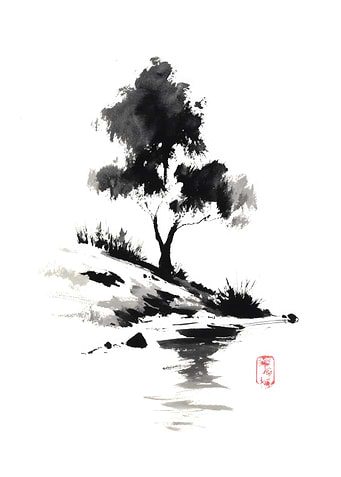 Ink Wash Tree by Water