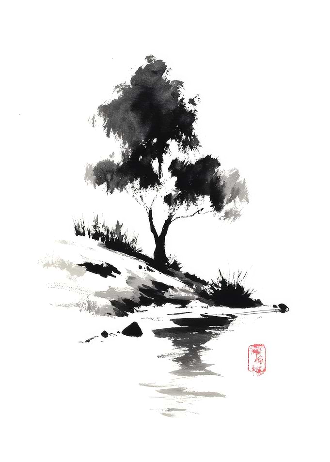 Ink Wash Tree by Water