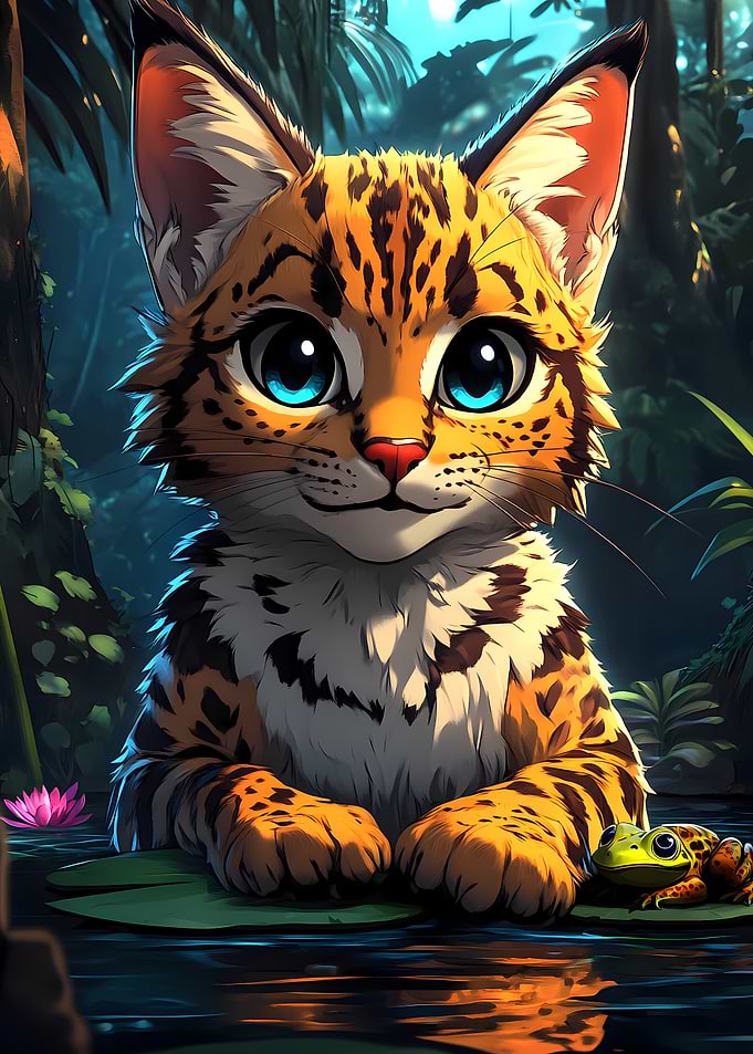 Cartoon Cat with Frog in Jungle