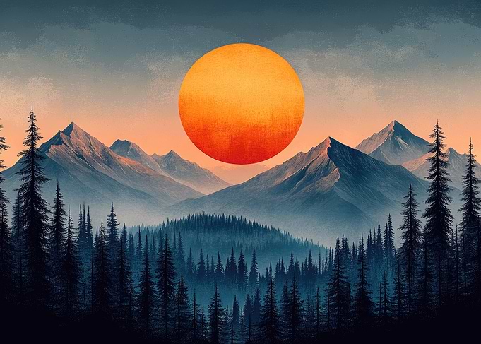 Mountain Landscape with Sun and Trees