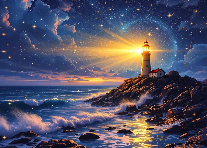 Lighthouse at Night with Starry Sky seascape