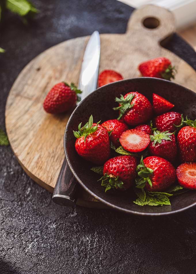 Fresh Strawberries in Bowl with Knife