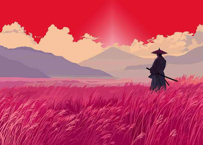 Samurai in Field at Sunset