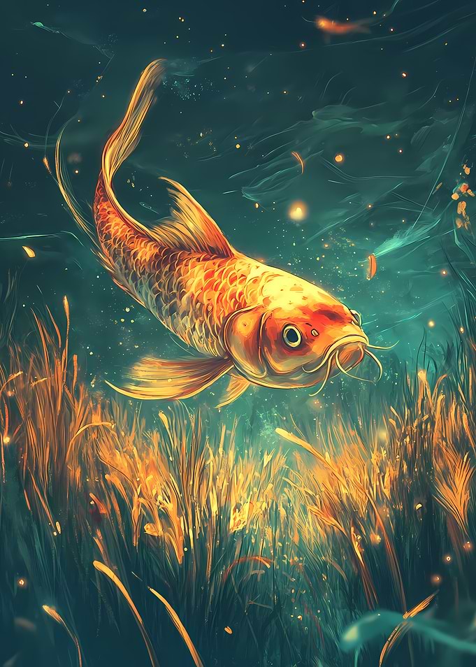 Golden Koi Fish in Aquatic Scene