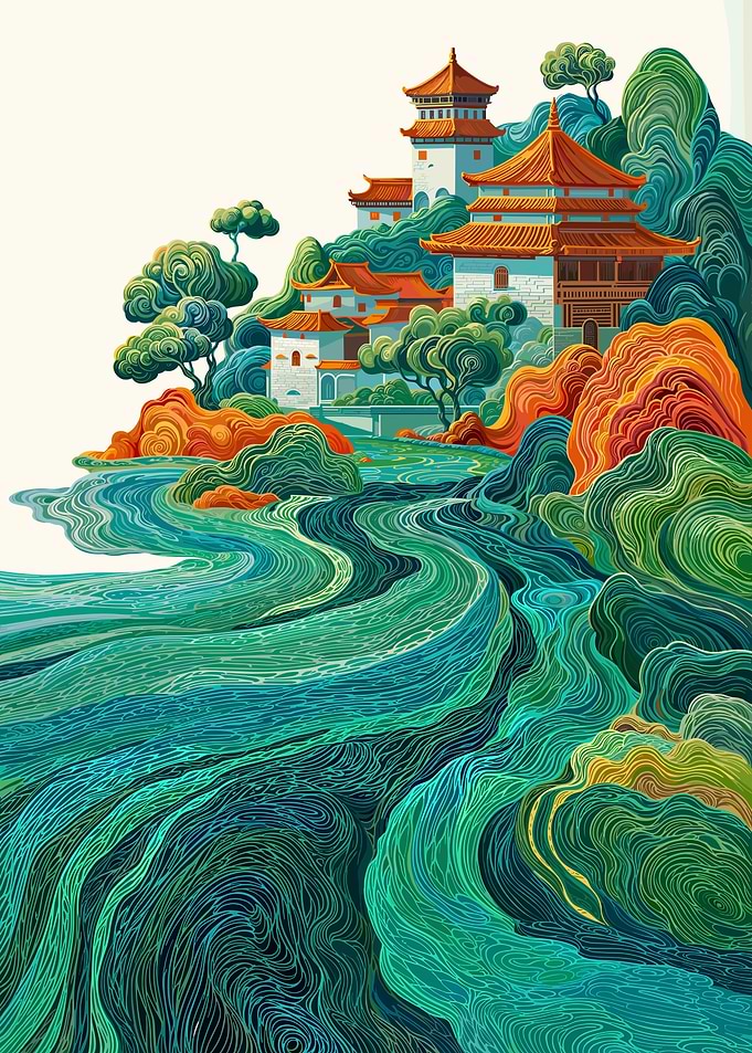 Asian Landscape with Pagodas and River