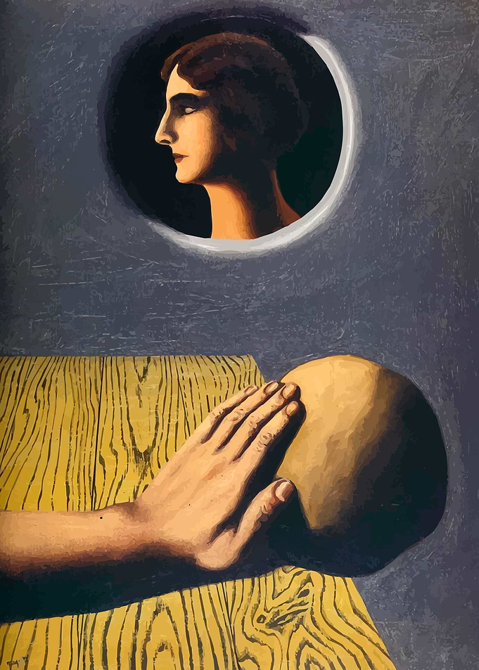 Rene Magritte, Painting of Woman, Hand, and Sphere