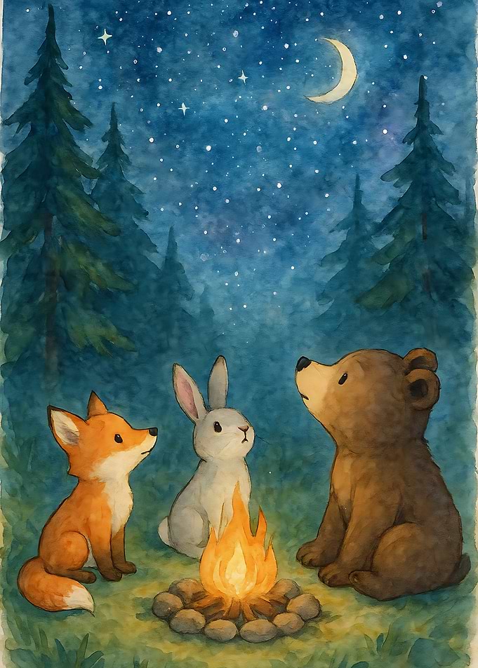 Watercolor Illustration of Three Animals at Campfire under Night Sky