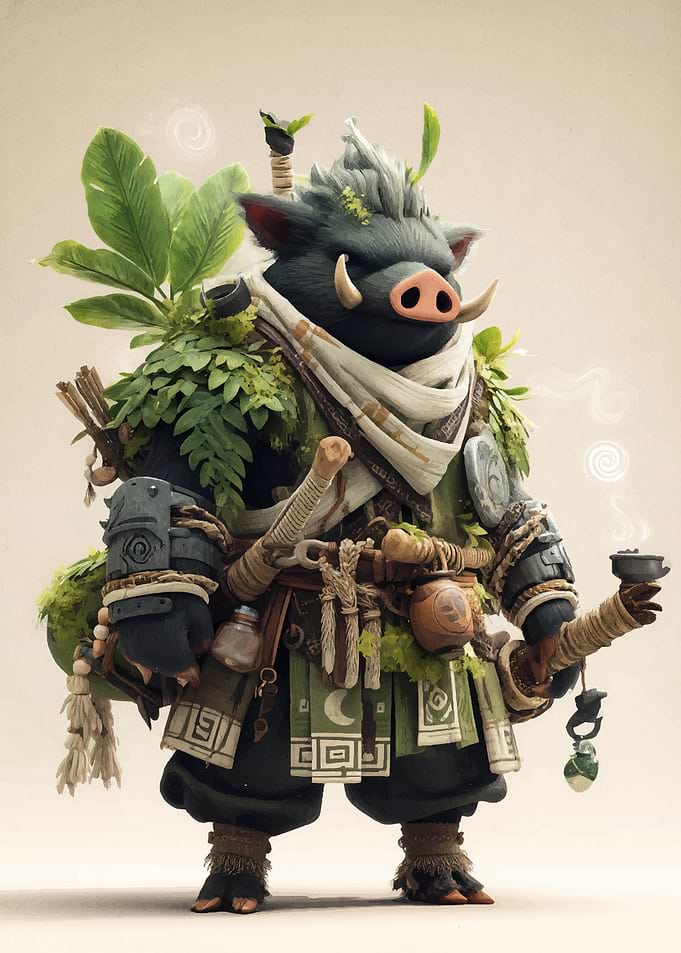 Boar Warrior with Greenery and Pipe