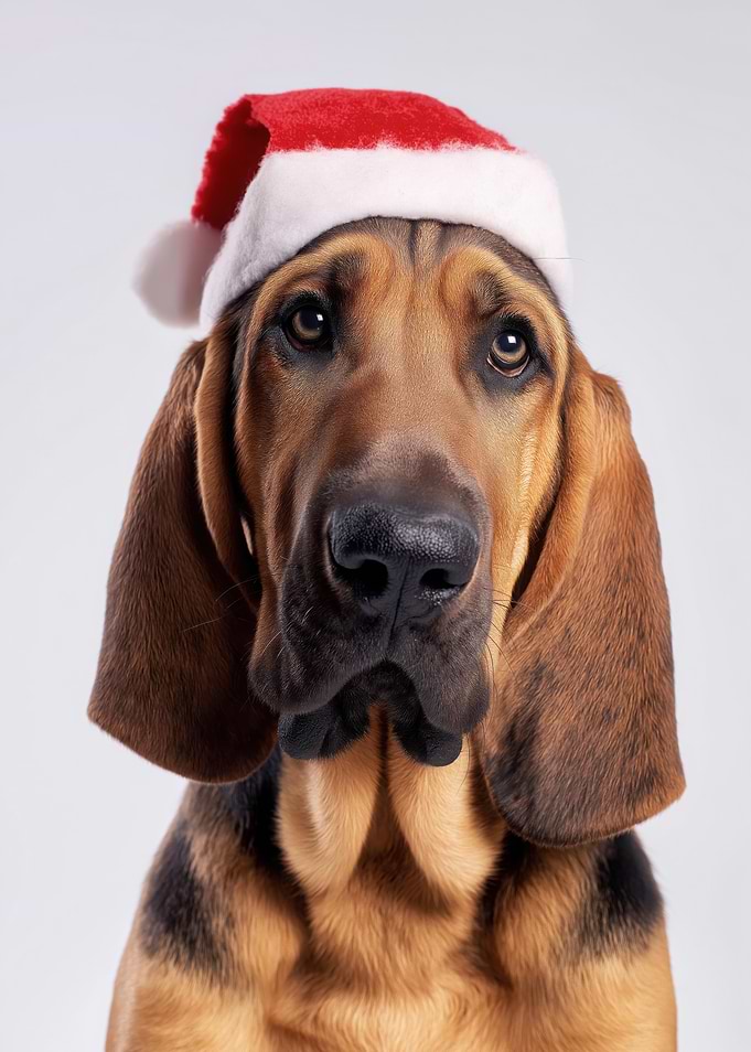 Bloodhound dog wearing Santa hat