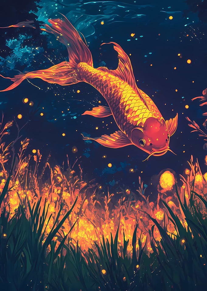 Golden Koi Fish in Dark Water