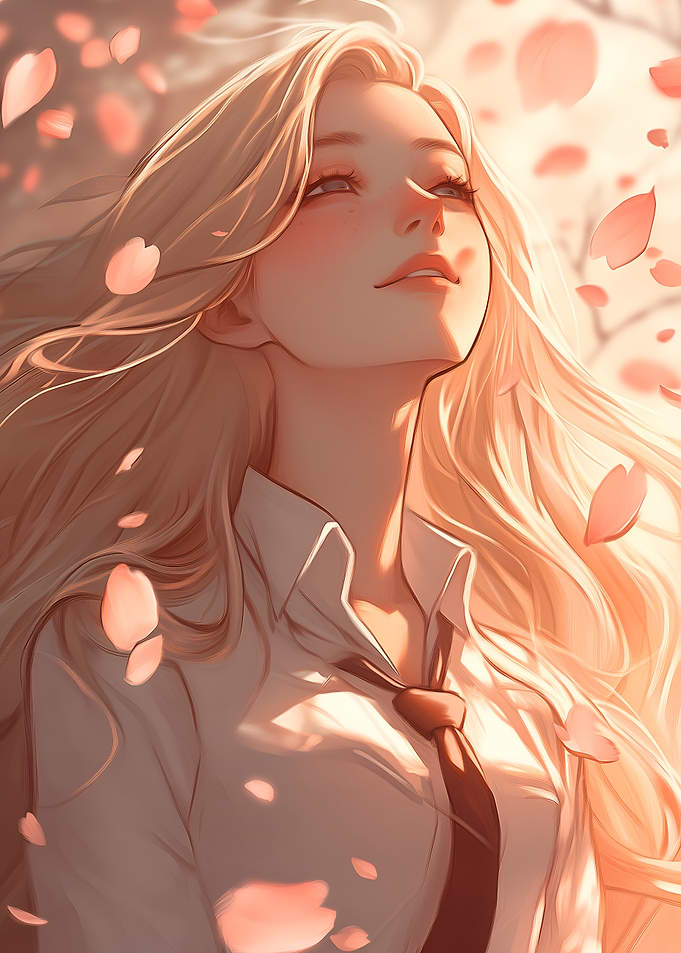 Blonde Woman in Falling Cherry Blossoms