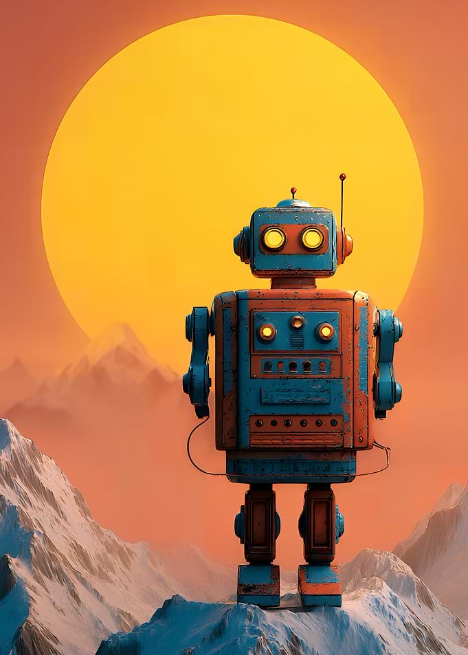 Retro Robot on Mountain Peak