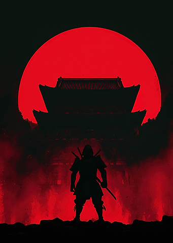 Samurai Silhouette with Red Moon