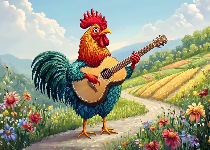 Rooster playing guitar in a field