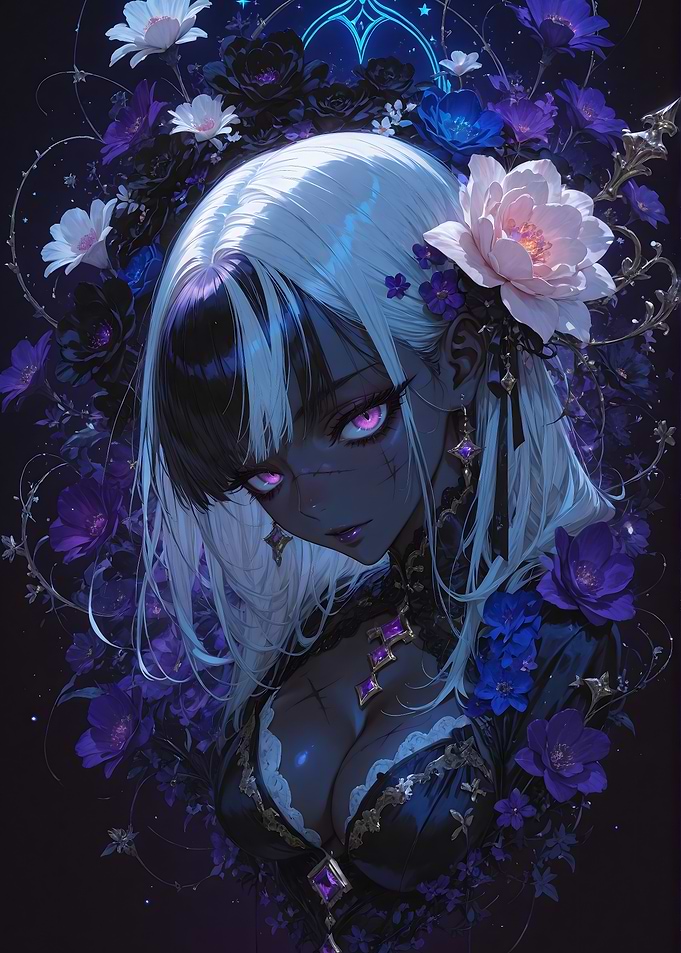 Anime Girl with Flowers and Jewelry