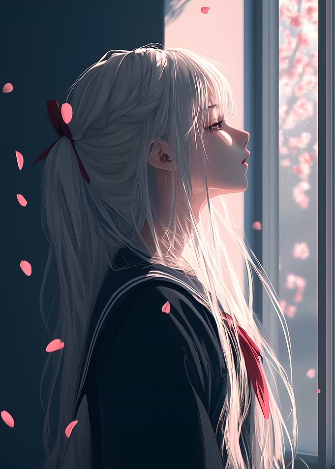 Anime Girl Gazing at Cherry Blossoms