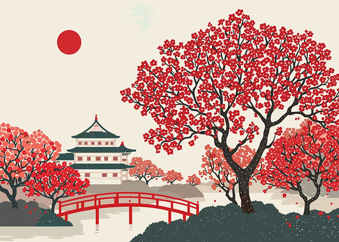 Japanese Landscape with Temple and Bridge
